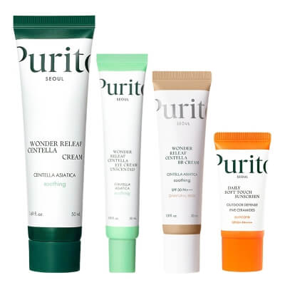 Purito Seoul Wonder Releaf Daily Soft Skin ZESTAW Łagodzący krem 50 ml + Krem pod oczy 30 ml + Krem BB SPF 30 PA+++ 30 ml + Krem SPF50 15 ml