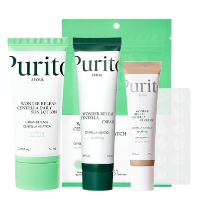 Purito Seoul Wonder Releaf Skin ZESTAW Łagodzący krem 50 ml + Krem BB SPF 30 PA+++ ( kolor 21 Light Beige) 30 ml + Krem przeciwsłoneczny 60 ml + Plastry na stany zapalne 51 szt