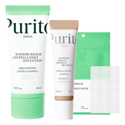 Purito Seoul Wonder Skin Set ZESTAW Krem BB SPF 30 PA+++ ( kolor 21 Light Beige) 30 ml + Krem przeciwsłoneczny 60 ml + Plastry do stosowania punktowo 51 szt
