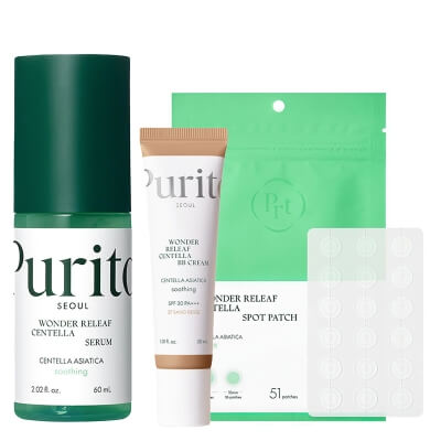 Purito Seoul Wonder Skin ZESTAW Łagodzące serum 60 ml + Plastry do stosowania punktowo 51 szt + Krem BB SPF 30 PA+++ ( kolor 27 Sand Beige) 30 ml