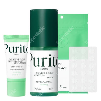 Purito Seoul Wonder Skin ZESTAW Łagodzące serum 60 ml + Plastry do stosowania punktowo 51 szt + Krem SPF 50 15 ml