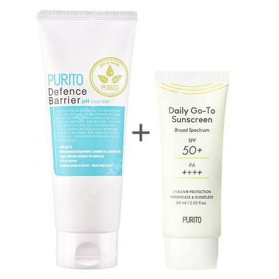 Purito Sunscreen Cream SPF50 + Defence Barrier PH Cleanser ZESTAW Krem z filtrem przeciwsłonecznym SPF50 60 ml + Żel oczyszczający o działaniu ochronnym 150 ml