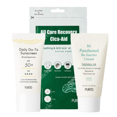 Purito Travel Go ZESTAW Krem SPF 50 15 ml + Regenerujący krem z pantenolem 15 ml + Plastry do stosowania punktowo 51 szt