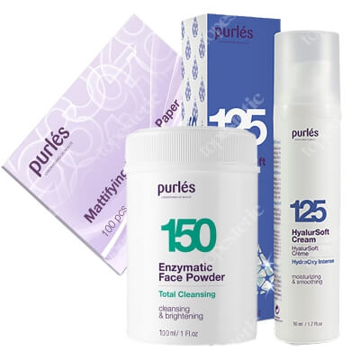 Purles 150 Face Powder + 125 HyalurOxy Soft Cream + Mattifying Blotting Paper ZESTAW Puder myjący 100 ml + Krem HyalurSoft 50 ml + Bibułki matujące 100 szt gratis