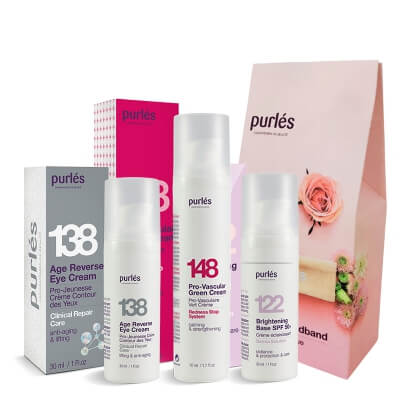 Purles Age Reverse Eye Cream + Brightening Base SPF 50+ + Pro-Vascular Green Cream ZESTAW Krem na okolice oczu 30 ml + Baza 30 ml + Krem do skóry naczyniowej 50 ml + Opaska kosmetyczna 1 szt