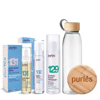 Purles Anti-Acne Set + EKO Butelka GRATIS ZESTAW Pianka myjąca 125 ml + Elixir przeciwtrądzikowy 30 ml + Krem balansujący 50 ml + Butelka 500 ml