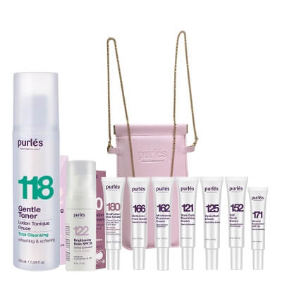 Purles Bestseller Set ZESTAW Tonik 200 ml + Krem pod oczy 15 ml + Rozświetlająca baza 30 ml + Travel products x 6 + Etui na telefon 1 szt