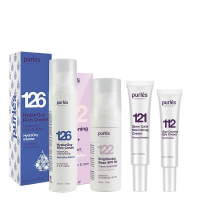 Purles Brightening Base SPF 50+ + HyalurOxy Rich Cream + Travel Products ZESTAW Rozświetlająca baza 30 ml + Bogaty krem hyalurOxy 50 ml + Krem na okolice oczu 10 ml + Odżywczy krem 15 ml + Liftingujący krem 15 ml