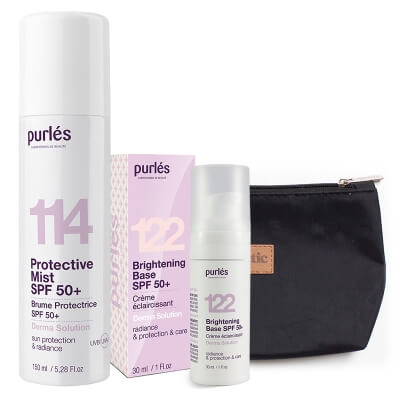 Purles Brightening Base SPF 50+ + Protective Mist SPF 50+ ZESTAW Rozświetlająca baza 30 ml + Mgiełka ochronna z filtrem 150 ml + Kosmetyczka 1 szt