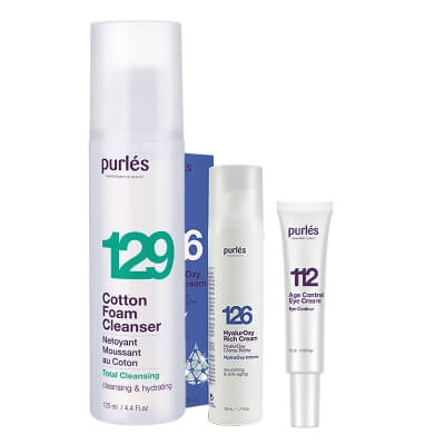 Purles Cotton Foam Cleanser + HyalurOxy Rich Cream + Eye Cream ZESTAW Pianka myjąca 125 ml + Bogaty krem hyalurOxy 50 ml + Przeciwzmarszczkowy krem na okolice oczu 10 ml