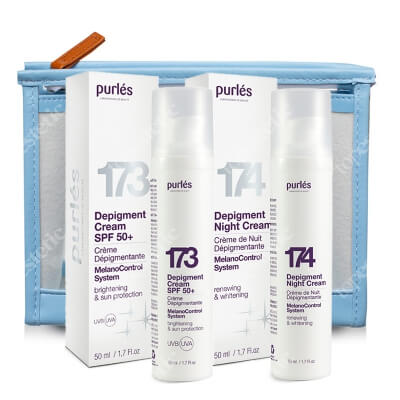 Purles Depigment Full Care ZESTAW Krem na dzień SPF 50+ 50 ml + Krem na noc 50 ml + Kosmetyczka 1 szt