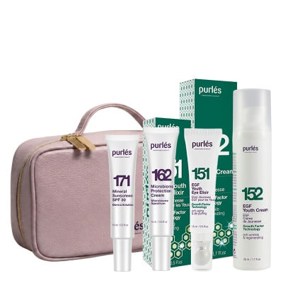 Purles EGF Youth Set + Travel Products + Kosmetyczka ZESTAW Krem młodości 50 ml + Eliksir młodości pod oczy 15 ml + Nawilżająco - łagodzący krem 15 ml + Mineralny filtr 10 ml + Kosmetyczka 1 szt