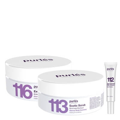 Purles Exotic Body Ritual ZESTAW Egzotyczny peeling solny 160 ml + Egzotyczny krem do ciała 160 ml + Przeciwzmarszczkowy krem na okolice oczu 10 ml