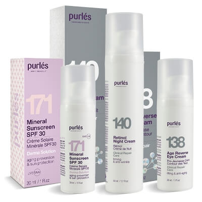Purles Eye Cream + Retinol Night Cream + Mineral Sunscreen SPF 30 ZESTAW Krem na okolice oczu 30 ml + Krem z retinolem na noc 0,5% 50 ml + Mineralny filtr przeciwsłoneczny 30 ml