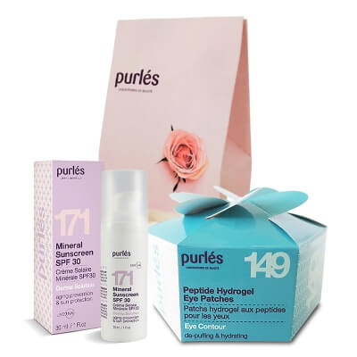 Purles Eye Patches + Mineral Sunscreen SPF 30 ZESTAW Płatki peptydowe pod oczy 60 szt + Mineralny filtr przeciwsłoneczny 30 ml + Opaska kosmetyczna z gumką 1 szt