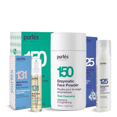 Purles Face Powder + Anti-Acne Elixir + HyalurOxy Soft Cream ZESTAW Puder myjący 100 ml + Elixir przeciwtrądzikowy 30 ml + Lekki krem HyalurSoft 50 ml