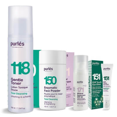 Purles Face Powder + Toner + Eye Elixir + Mineral Sunscreen SPF 30 ZESTAW Enzymatyczny puder myjący 100 ml + Tonik 200 ml + Eliksir pod oczy 15 ml + Mineralny filtr przeciwsłoneczny 30 ml
