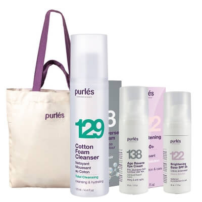 Purles Foam Cleanser + Eye Cream + Brightening Base SPF 50+ + Torba Purles ZESTAW Pianka myjąca 125 ml + Krem na okolice oczu 30 ml + Rozświetlająca baza 30 ml + Bawełniana torba plażowa 1 szt