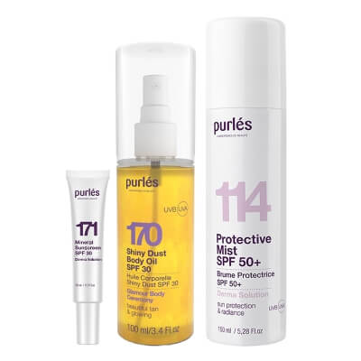 Purles Full Sun Sheld ZESTAW Mgiełka ochronna z filtrem 150 ml + Rozświetlający olejek do ciała SPF 30 100 ml + Mineralny filtr przeciwsłoneczny 10 ml