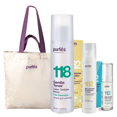 Purles Gentle Toner + Eye Cream + Microbiome Protection Cream + Torba Purles ZESTAW Tonik 200 ml + Krem na okolice oczu 30 ml + Nawilżająco - łagodzący krem 50 ml + Bawełniana torba plażowa 1 szt