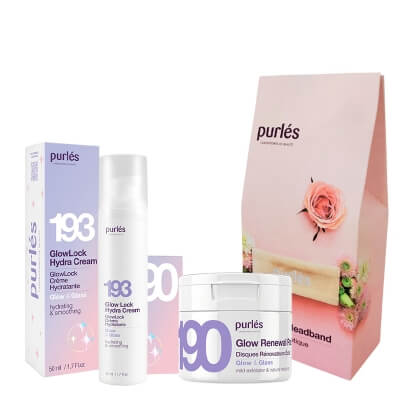 Purles Glow Renewal Pads + GlowLock Hydra Cream + Opaska Kosmetyczna ZESTAW Płatki do twarzy tonizująco-złuszczające 50 szt + Intensywnie nawilżający krem 50 ml + Opaska 1 szt