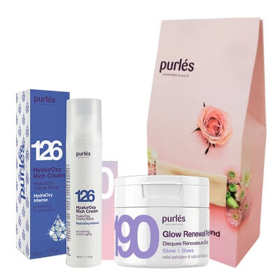 Purles Glow Renewal Pads + HyalurOxy Rich Cream + Opaska Kosmetyczna ZESTAW Płatki do twarzy tonizująco-złuszczające 50 szt + Bogaty krem hyalurOxy 50 ml + Opaska 1 szt