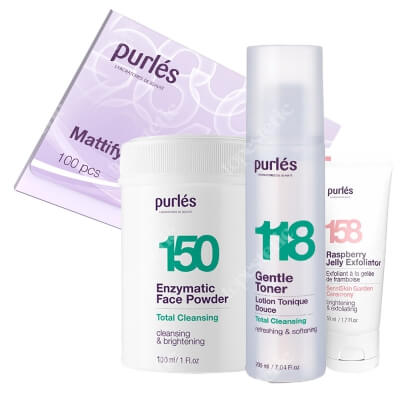 Purles Home Spa Box ZESTAW Maska eksfoliująca 50 ml + Puder myjący 100 ml + Delikatny tonik 200 ml + Bibułki matujące 100 szt gratis