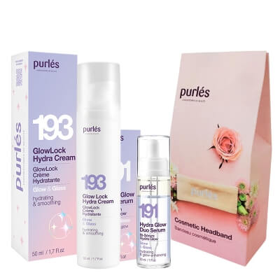 Purles Hydra Glow Duo Serum + GlowLock Hydra Cream + Opaska Kosmetyczna ZESTAW Dwufazowe serum z efektem glow 30 ml + Intensywnie nawilżający krem 50 ml + Opaska 1 szt