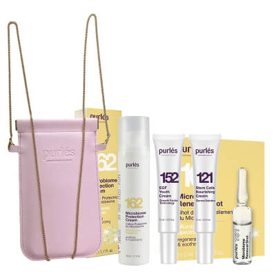 Purles Microbiome Renewal and Protection Set + Travel Products + Phone Bag ZESTAW Ampułki odnawiające 5 x 2 ml + Nawilżająco - łagodzący krem 50 ml + Odżywczy krem 15 ml + Krem młodości 15 ml + Etui 1 szt