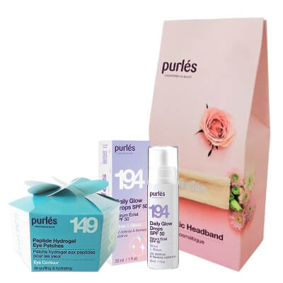 Purles Peptide Hydrogel Eye Patches + Daily Glow Drops SPF 50 + Opaska Kosmetyczna ZESTAW Płatki peptydowe pod oczy 60 szt + Serum rozświetlające SPF 50 30 ml + Opaska 1 szt