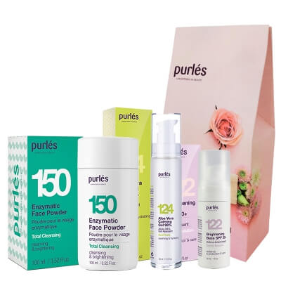 Purles Protect and Calming Set ZESTAW Puder myjący 100 ml + Baza 30 ml + Żel aloesowy 50 ml + Opaska kosmetyczna z gumką 1 szt