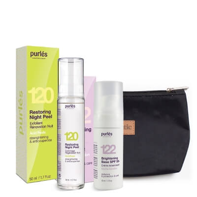 Purles Restoring Night Peel + Brightening Base SPF 50+ ZESTAW Eksfoliujący krem wzmacniający 50 ml + Rozświetlająca baza 30 ml + Kosmetyczka 1 szt