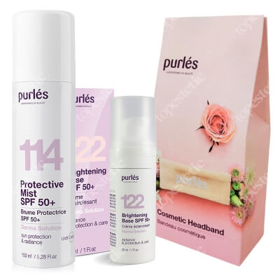 Purles Sun Care Set ZESTAW Rozświetlająca baza 30 ml + Mgiełka ochronna z filtrem 150 ml + Opaska kosmetyczna z gumką 1 szt
