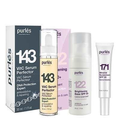Purles VitC Serum Perfector + Brightening Base SPF 50+ + Mineral Sunscreen SPF 30 Travel GRATIS ZESTAW Serum 30 ml + Rozświetlająca baza 30 ml + Mineralny filtr przeciwsłoneczny 10 ml
