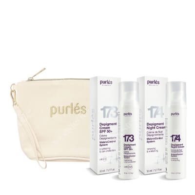 Purles X-Mas Set IV ZESTAW 173 Depigmentujący krem SPF 50+ 50 ml + 174 Depigmentujący krem na noc 50 ml + Kosmetyczka beżowa 1 szt