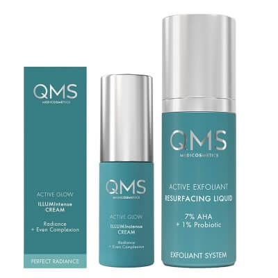 QMS Active Exfoliant + Active Glow ZESTAW Peeling kwasowy z 7% AHA i probiotykami 30 ml + Krem aktywnie rozświetlający 10 ml