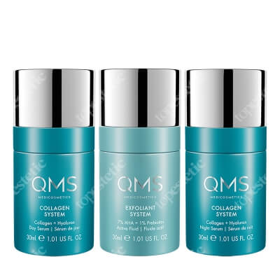 QMS Collagen + Exfoliant SET Medium Zestaw do pielęgnacji kolagenowej 24H z peelingiem 7% AHA 3x30 ml