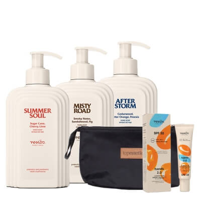 Resibo Hands 2.0 SPF 30 + Summer Soul + After Storm + Misty Road ZESTAW Krem do rąk z witaminą C 30 ml + Mydło do rąk 350 ml x 3 + Kosmetyczka 1 szt