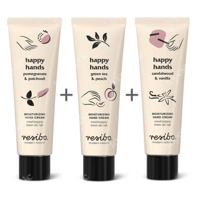 Resibo Happy Hands Trio Set ZESTAW Krem do rąk - granat i paczula 50 ml + Krem do rąk - zielona herbata i brzoskwinia 50 ml + Krem do rąk - drzewo sandałowe i wanilia 50 ml