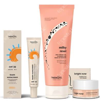 Resibo Milky Reset + Bright Now + Team Sunscreen SPF 30 ZESTAW 2 w 1 kremowy żel do mycia 100 ml + Krem pod oczy 15 ml + Nawilżający krem koloryzujący SPF 30 40 ml