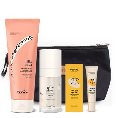 Resibo Milky Reset + Glow Player + Mango Eye Lift ZESTAW Żel 100 ml + Rozświetlający krem 30 ml + Krem pod oczy 15 ml + Kosmetyczka 1 szt