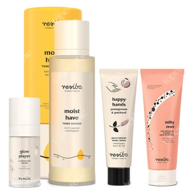 Resibo Milky Reset + Moist Have + Glow Player + Krem do rąk GRATIS ZESTAW 2 w 1 kremowy żel 100 ml + Esencja nawilżająca 100 ml + Rozświetlający krem 30 ml