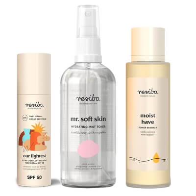 Resibo Mr Soft Skin + Moist Have + Our Lightest SPF 50 ZESTAW Tonik-mgiełka 100 ml + Esencja 100 ml + Krem SPF 50 50 ml