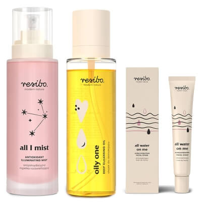 Resibo Oily One + All I Mist + All Water on Me ZESTAW Olejek do demakijażu 100 ml + Mgiełka rozświetlająca 100 ml + Ultranawilżający krem 40 ml