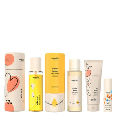 Resibo Oily One + Rich Peach + Moist Have + Ready to Wear 365 SPF 50 ZESTAW Olejek do demakijażu 100 ml + Żel myjący 125 ml + Tonik-esencja nawilżająca 100 ml + Krem SPF 50 50 ml