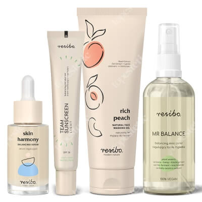 Resibo Rich Peach + Mr Balance + Skin Harmony + Team Sunscreen SPF 30  ZESTAW Żel myjący 125 ml + Tonik 100 ml + Serum normalizujące 30 ml + Krem z filtrem 40 ml