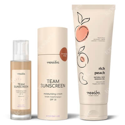 Resibo Rich Peach + Team Sunscreen ZESTAW Naturalny żel myjący do twarzy z ekstraktem z brzoskwini 125 ml + Krem nawilżający SPF30 50 ml