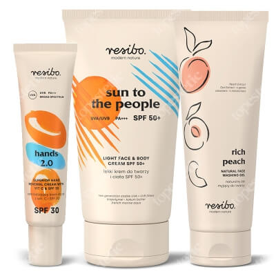 Resibo Sun To The People + Hands 2.0 SPF 30 + Rich Peach ZESTAW Krem do twarzy i ciała SPF 50+ 150 ml + Krem do rąk z wit. C 30 ml + Żel myjący z ekstraktem z brzoskwini 125 ml