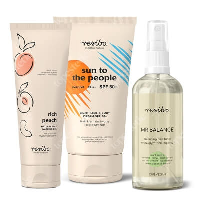 Resibo Sun To The People + Rich Peach + Mr Balance ZESTAW Krem SPF 50+ 150 ml + Żel z ekstraktem z brzoskwini 125 ml + Regulujący tonik - mgiełka 100 ml
