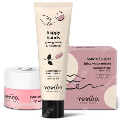 Resibo Sweet Spot + Happy Hands ZESTAW Peeling do ust soczysty arbuz 9 g + Krem do rąk - granat i paczula 50 ml